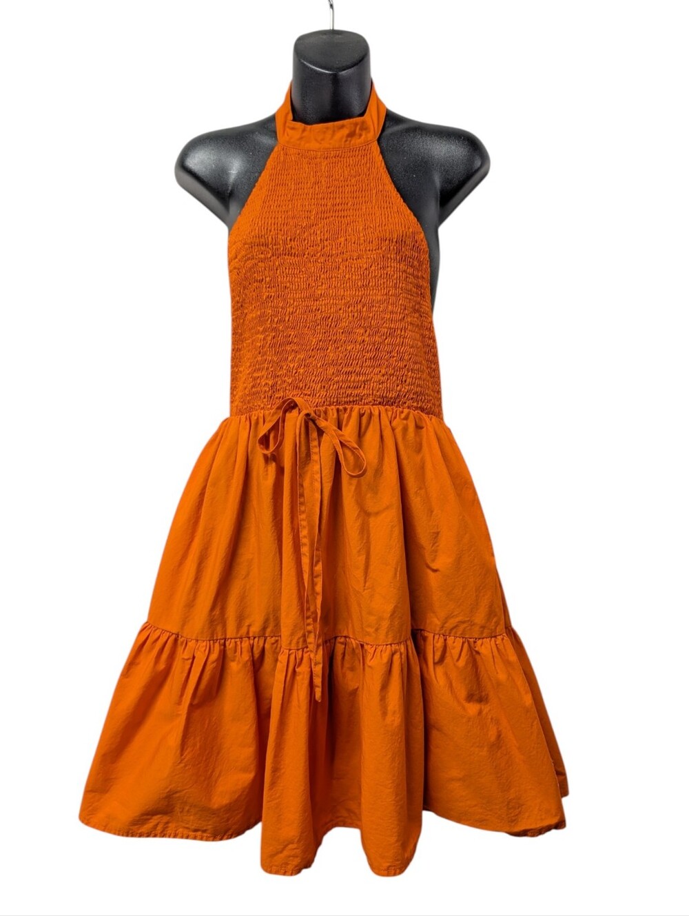 Idem Ditto Lex Dress Spicy Orange Smocked Halter Tiered Ruffle Mini Dress Size L